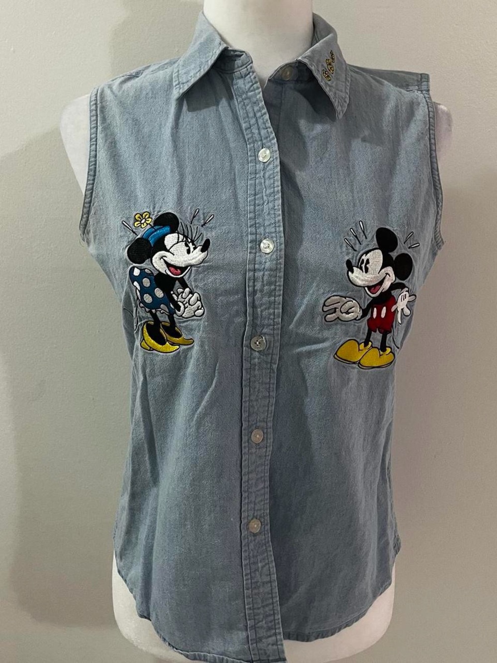 Disney Light Blue Sleeveless Denim Shirt with Mickey & Minnie Embroideries